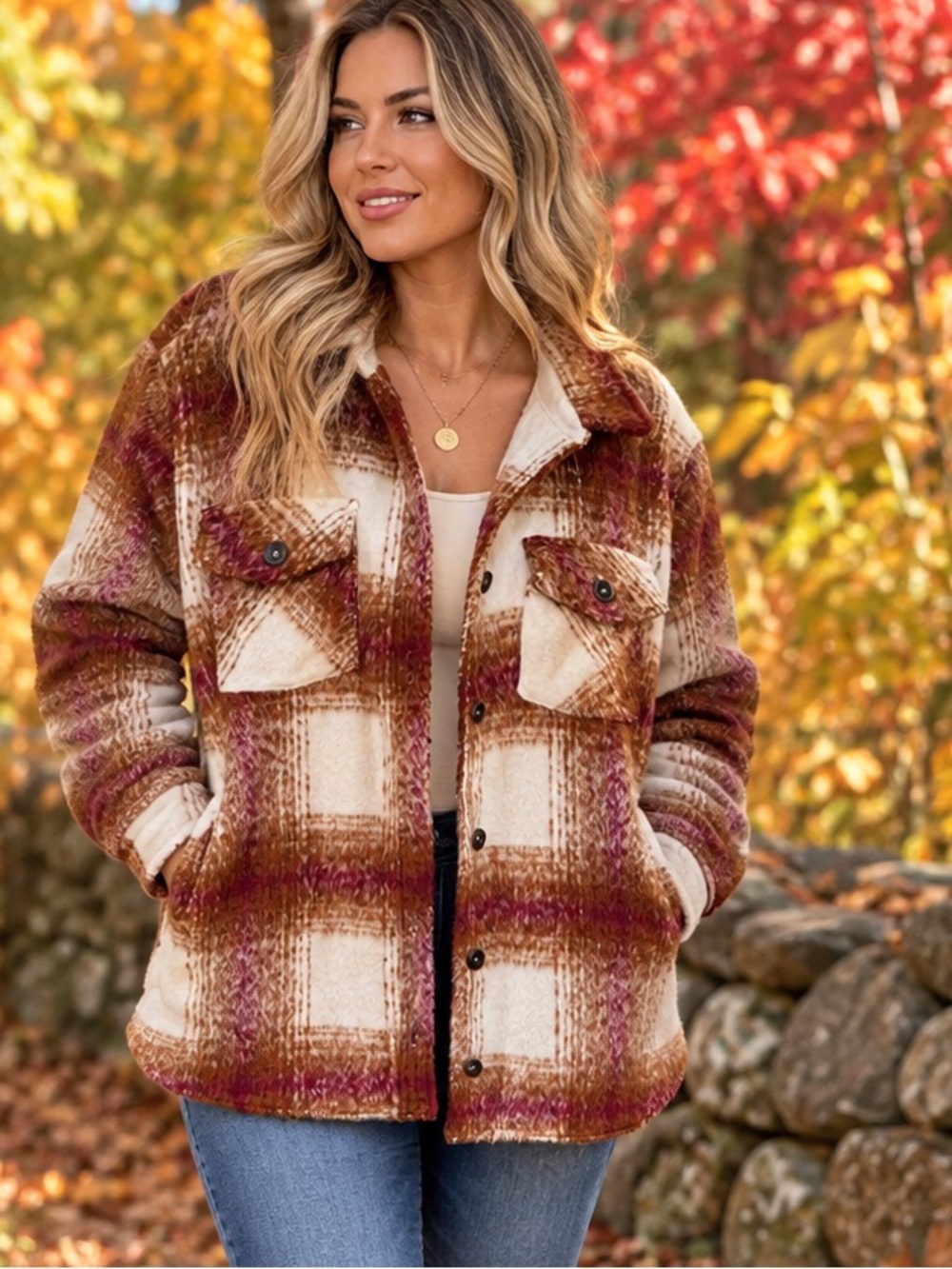 Thread & Supply Brown Maroon and Cream Plaid Teddy Shacket NWT